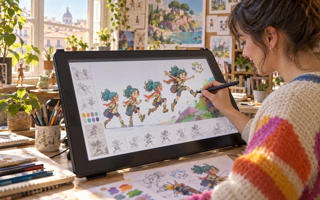 Illustrator drawing a colorful 2D game character sequence