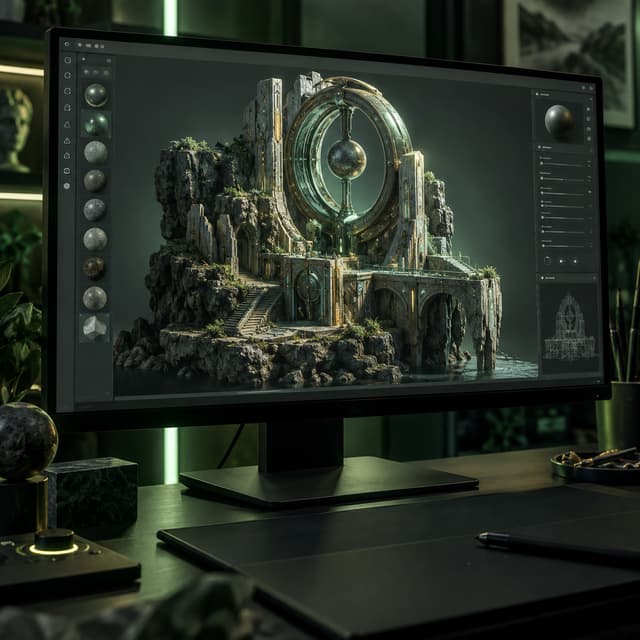 3D production asset displayed on a professional monitor
