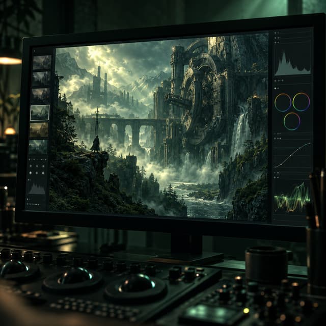 Cinematic scene displayed on a color grading monitor