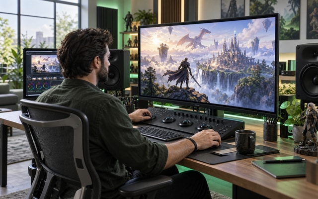 Colorist reviewing a vivid fantasy mobile game trailer on a calibrated studio monitor