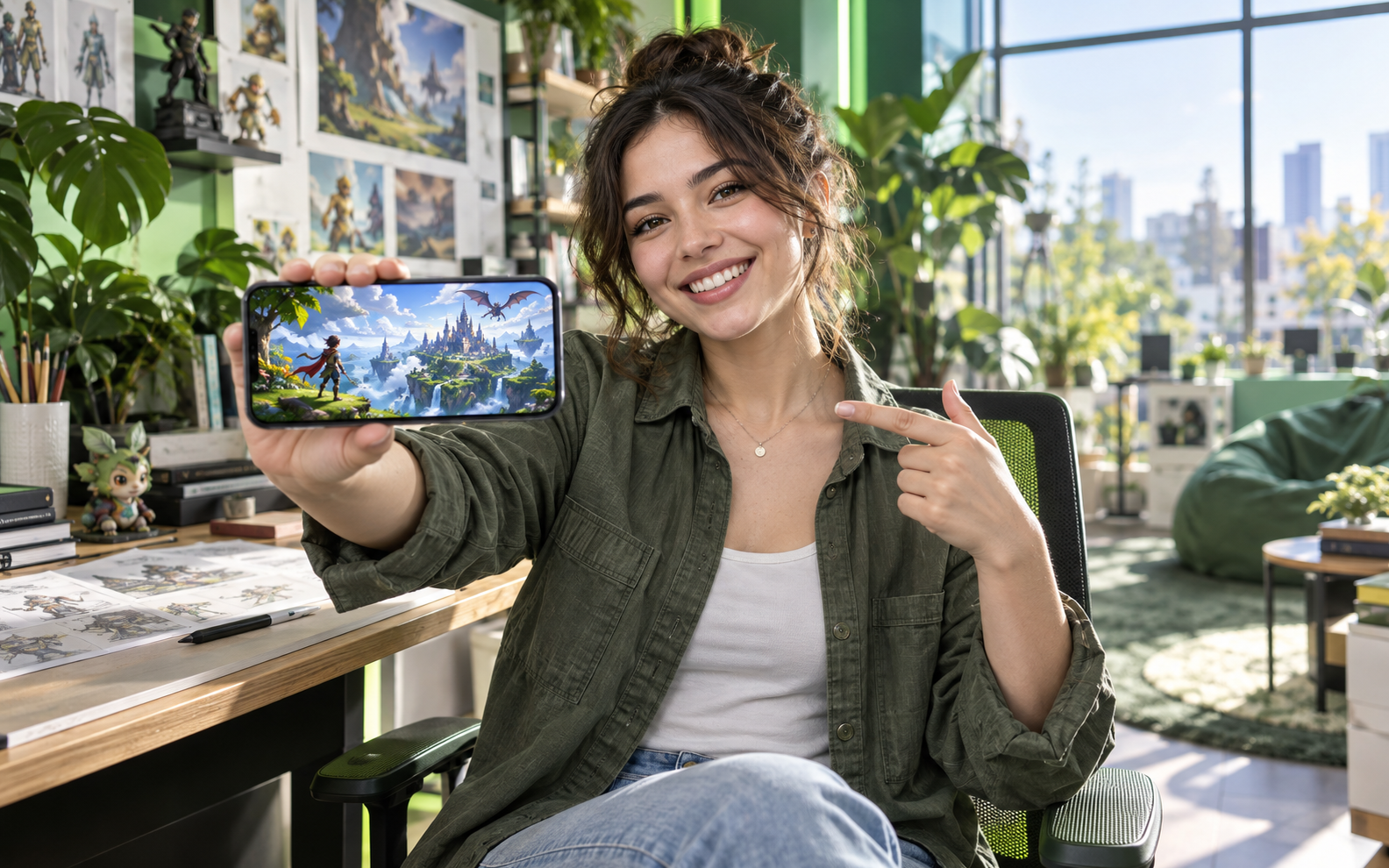 Mobile game creator presenting a colorful fantasy game on her phone