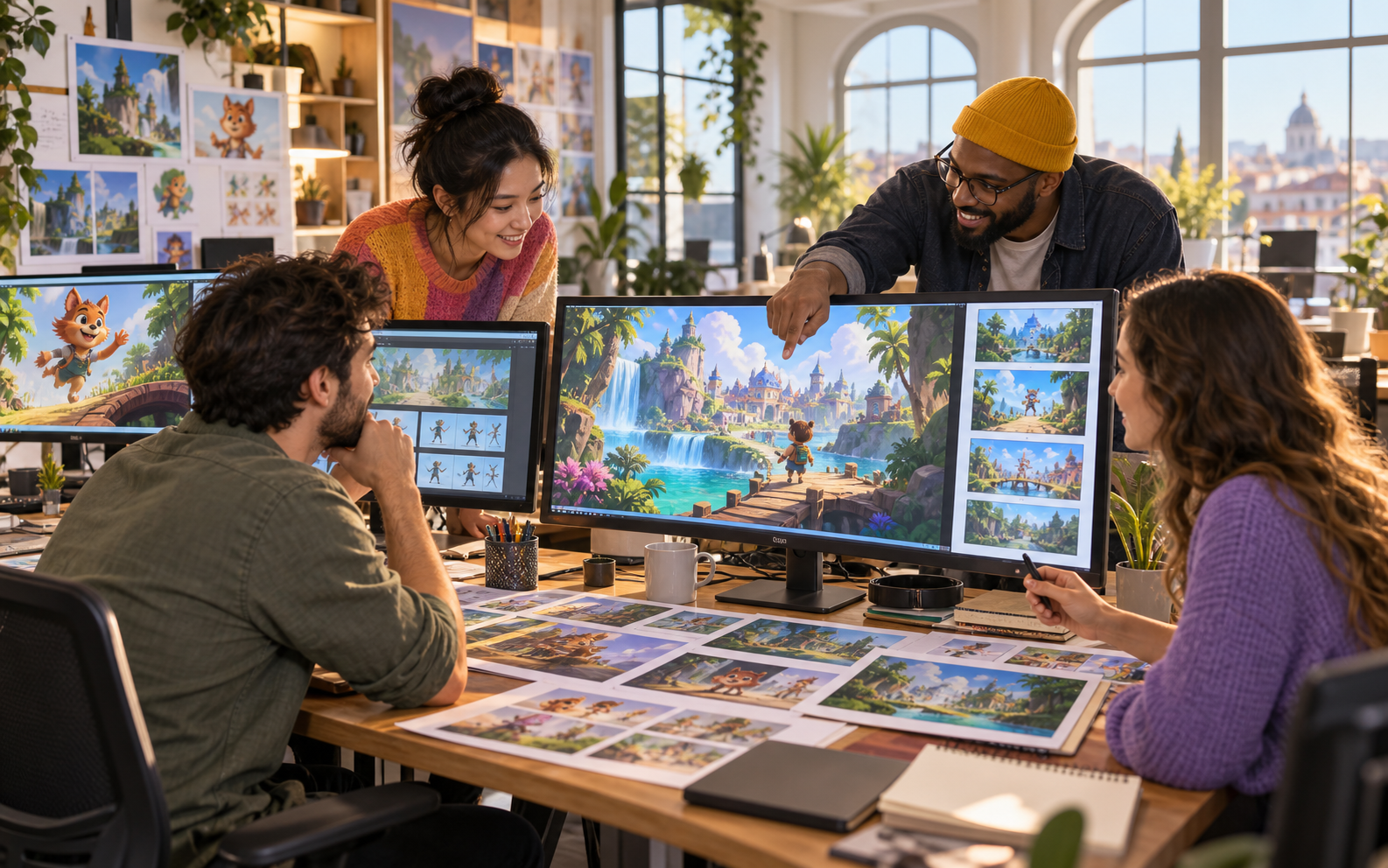 Creative team producing a colorful mobile game campaign